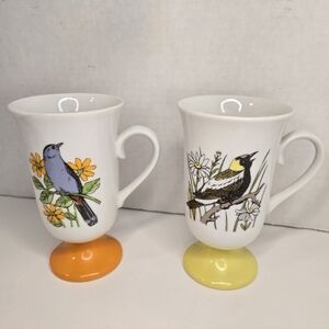 Vintage 1960's Japan Fred Roberts Songbird Pedestal Coffee Mugs, Pair